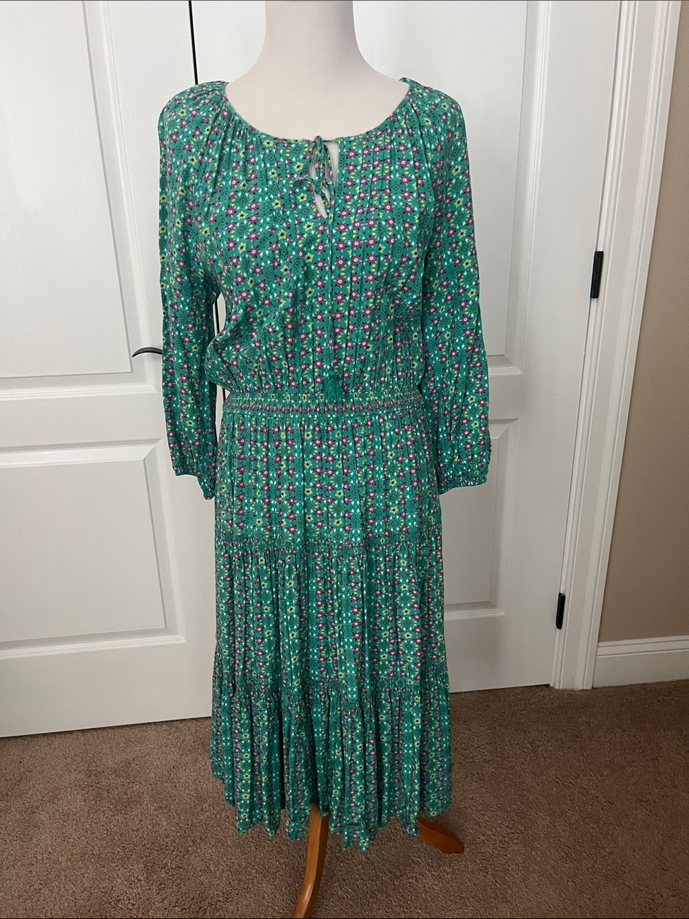Matilda Jane Green Floral Tiered Maxi Dress with Pink Accents